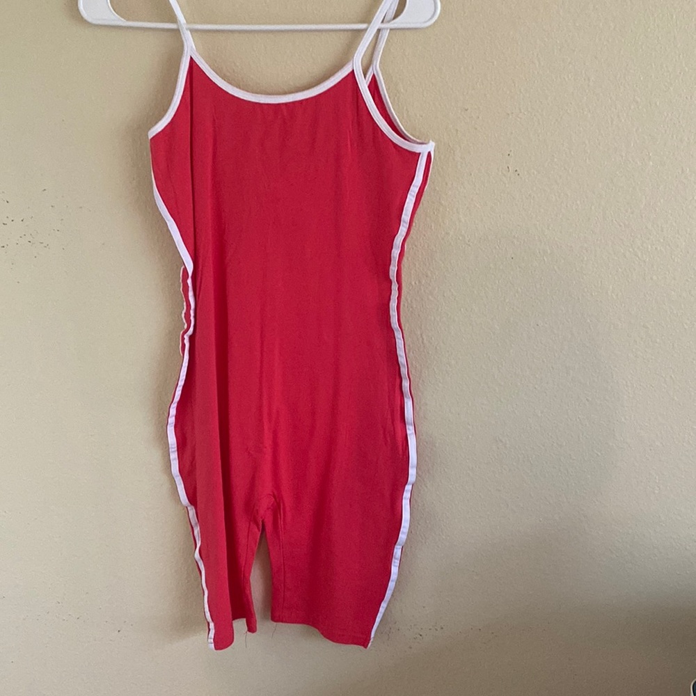 Fashion Nova Come Over Romper, Size Large. Color Coral. Cotton and Spandex